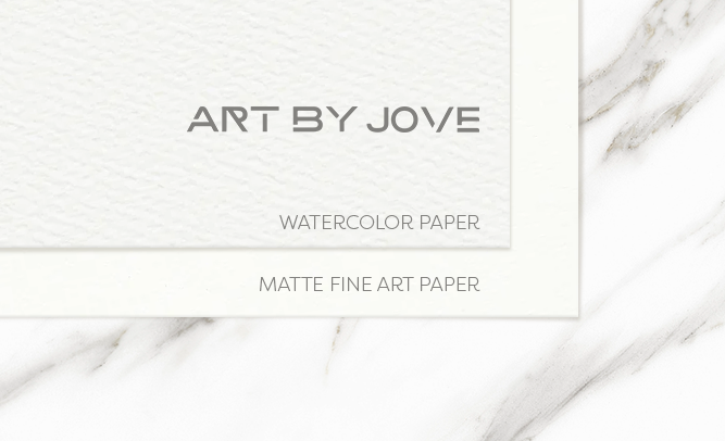 An image showing the difference between matte fine art paper, which is smooth, and watercolor paper, which has a slightly dimpled texture.
